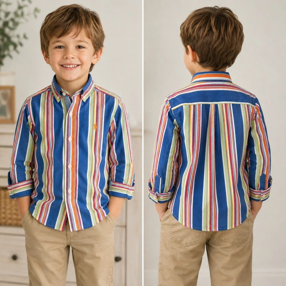 Ralph Lauren Button Down Shirt 5 Blue Multicolor Stripe Long Sleeve Cotton Polo